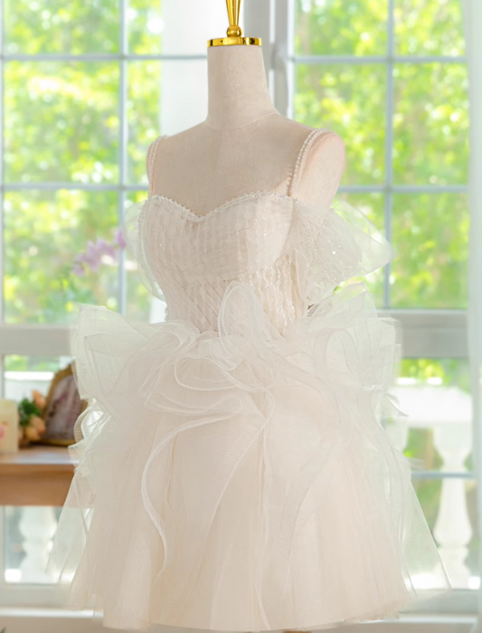 A-line off-the-shoulder tulle lace short prom dress, white homecoming dress HZ1024