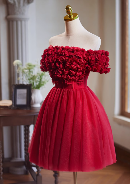 Burgundy A-line off-the-shoulder tulle short prom dress, Burgundy engagement dress homecoming dress ED01160