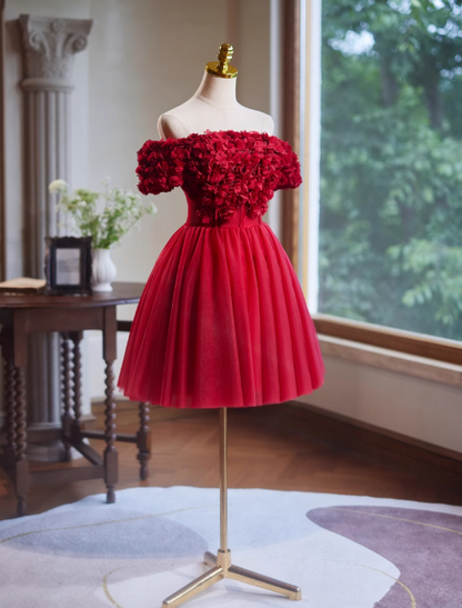 A-line off-the-shoulder tulle short prom dress, Burgundy engagement dress homecoming dress HZ1024