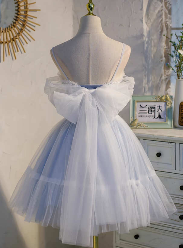 blue A-line tulle lace beaded short prom dress, light blue homecoming dress HZ1024