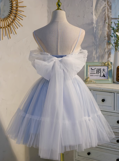 blue A-line tulle lace beaded short prom dress, light blue homecoming dress HZ1024