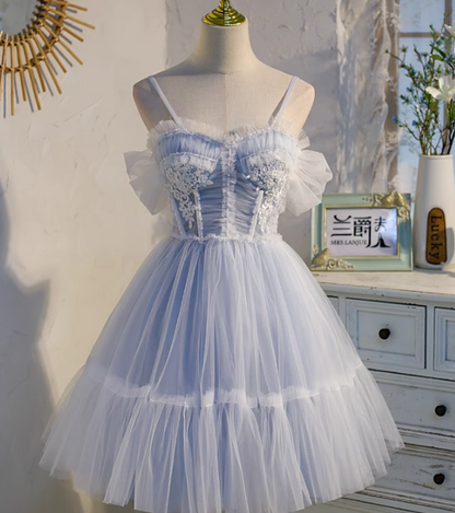 blue A-line tulle lace beaded short prom dress, light blue homecoming dress HZ1024