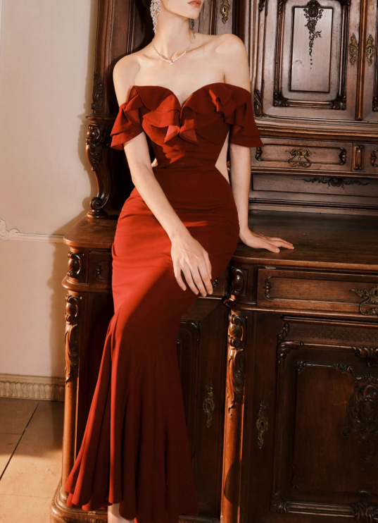 Burgundy Off-the-shoulder Fishtail Dress Slim Fit Party Dress HZ1024