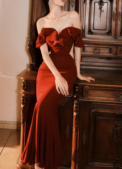 Burgundy Off-the-shoulder Fishtail Dress Slim Fit Party Dress HZ1024