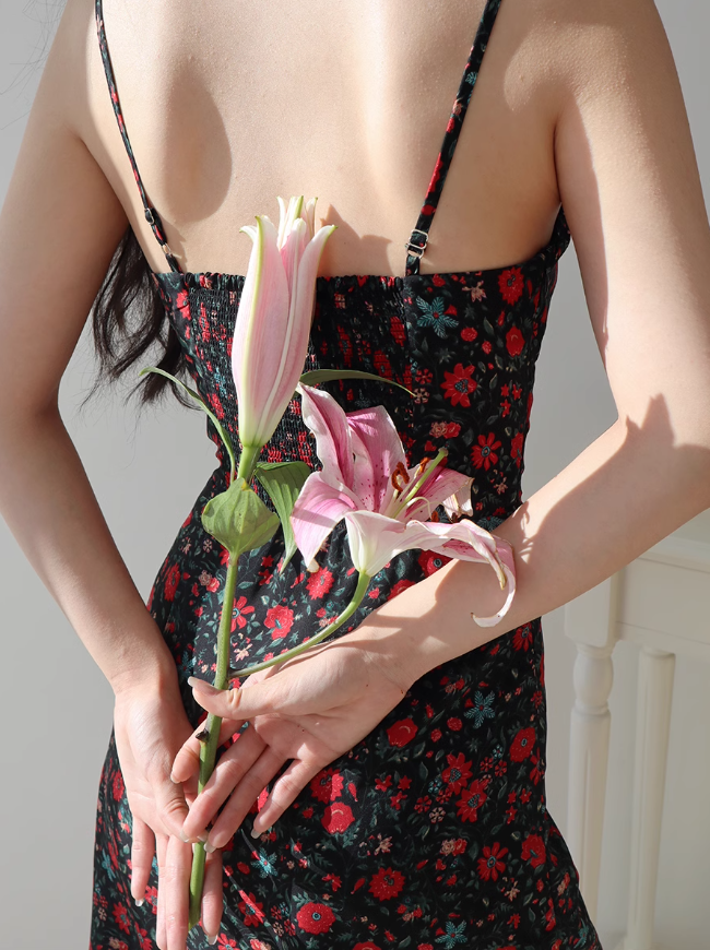 Retro floral suspender dress holiday style dress ED01169
