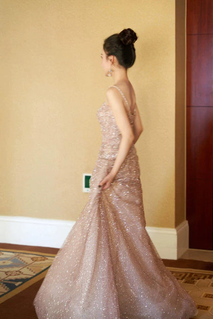 Pink A-line tulle beaded long prom dress, pink formal long dress ED01173