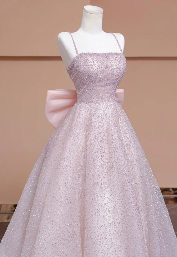 A-line tulle beaded long prom dress, pink formal long dress HZ1024