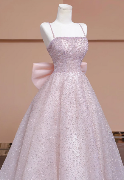 A-line tulle beaded long prom dress, pink formal long dress HZ1024