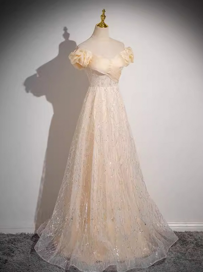 A-line off-the-shoulder tulle sequined long prom dress, sweet 16 dress HZ1024