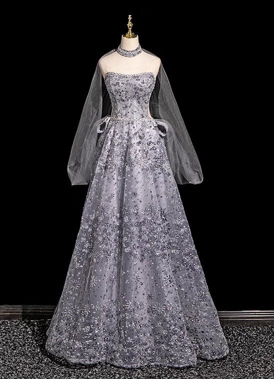 A-line Sweetheart Neck Tulle Rhinestone Long Prom Dress, Grey Formal Long Dress HZ1024