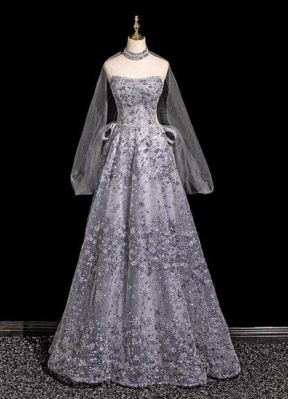 A-line Sweetheart Neck Tulle Rhinestone Long Prom Dress, Grey Formal Long Dress HZ1024