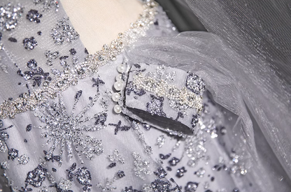 Grey A-line Sweetheart Neck Tulle Rhinestone Long Prom Dress, Grey Formal Long Dress ED01176