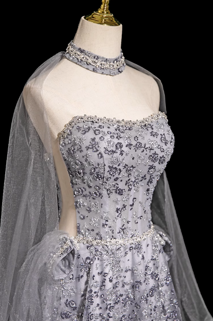 A-line Sweetheart Neck Tulle Rhinestone Long Prom Dress, Grey Formal Long Dress HZ1024