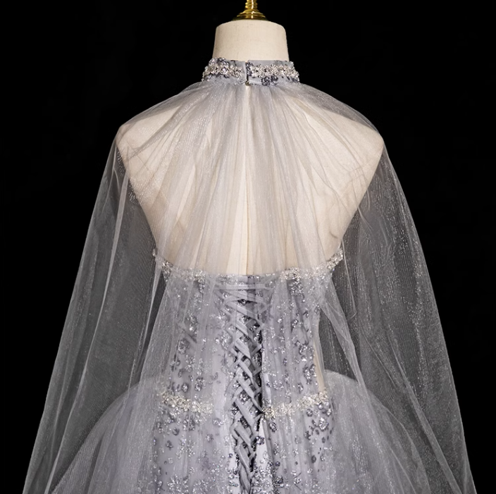 A-line Sweetheart Neck Tulle Rhinestone Long Prom Dress, Grey Formal Long Dress HZ1024