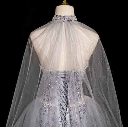A-line Sweetheart Neck Tulle Rhinestone Long Prom Dress, Grey Formal Long Dress HZ1024