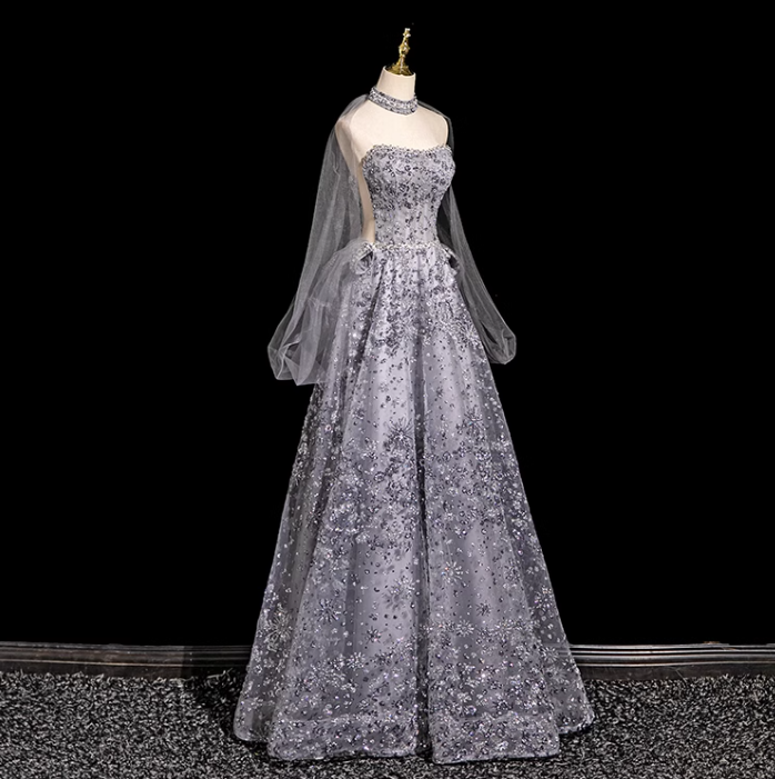 Grey A-line Sweetheart Neck Tulle Rhinestone Long Prom Dress, Grey Formal Long Dress ED01176