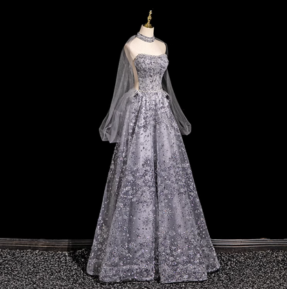 Grey A-line Sweetheart Neck Tulle Rhinestone Long Prom Dress, Grey Formal Long Dress ED01176