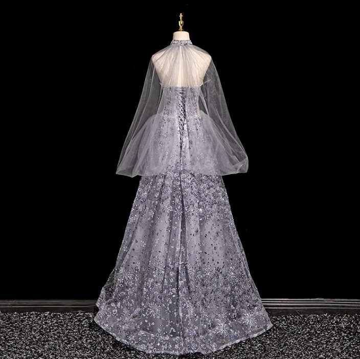 A-line Sweetheart Neck Tulle Rhinestone Long Prom Dress, Grey Formal Long Dress HZ1024