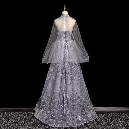 A-line Sweetheart Neck Tulle Rhinestone Long Prom Dress, Grey Formal Long Dress HZ1024