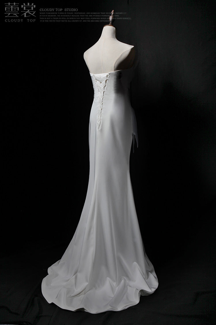 White Strapless Mermaid Tulle Satin Long Prom Dress, White Formal Dress ED01179
