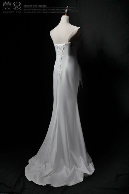White Strapless Mermaid Tulle Satin Long Prom Dress, White Formal Dress ED01179