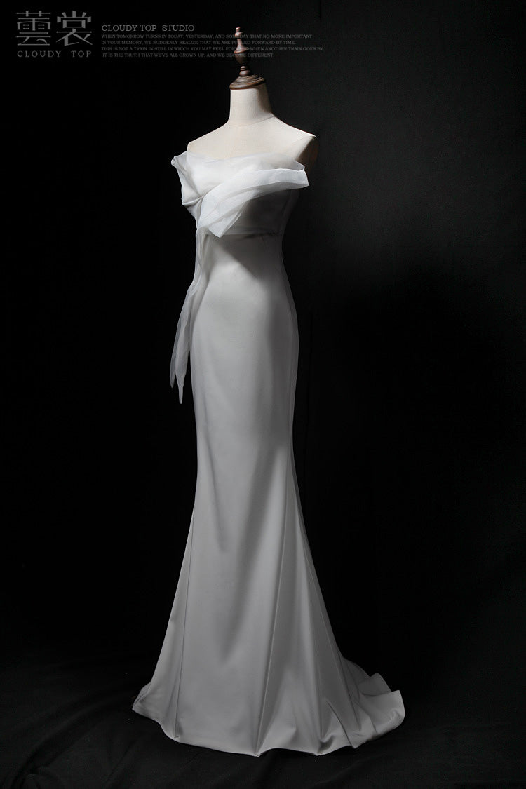 White Strapless Mermaid Tulle Satin Long Prom Dress, White Formal Dress ED01179