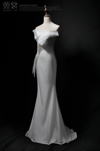 White Strapless Mermaid Tulle Satin Long Prom Dress, White Formal Dress ED01179