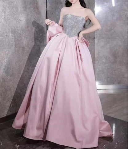 A-line satin sequin long prom dress, pink formal dress HZ1024