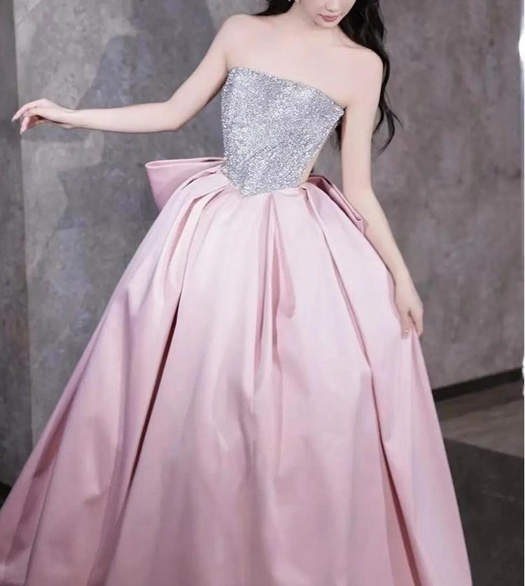 A-line satin sequin long prom dress, pink formal dress HZ1024