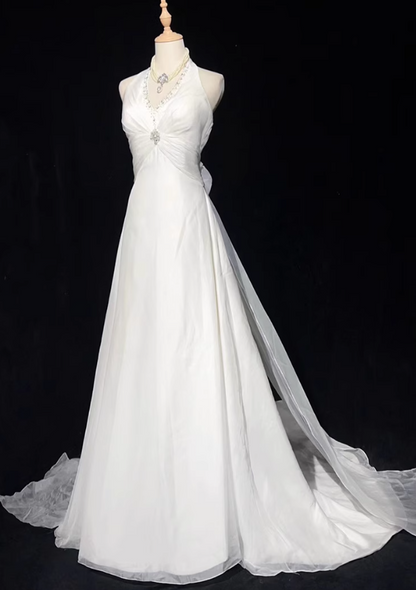 White Mermaid Halter Satin Beading Long Prom Dresses, White Wedding Dresses ED01182
