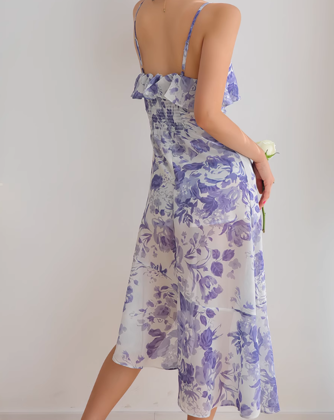 French retro ruffle hem purple floral suspender dress ED01189