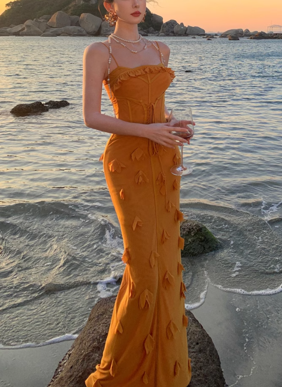 Marigold  Mermaid Spaghetti Strap 3D Flower Long Prom Dress ED01190