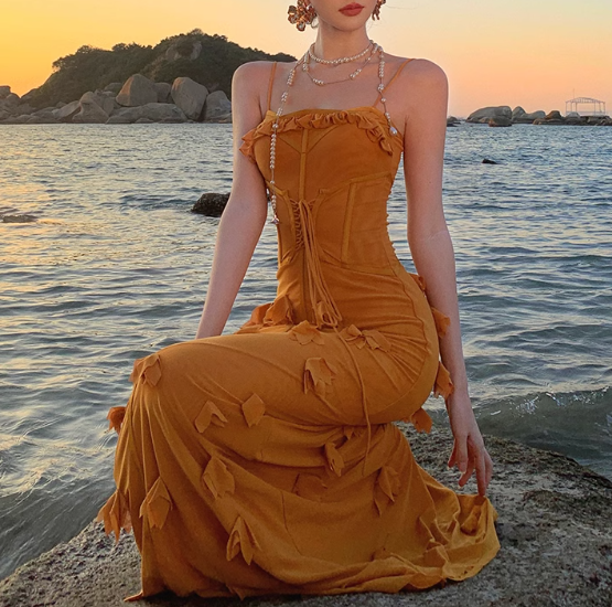 Mermaid Spaghetti Strap 3D Flower Long Prom Dress HZ1024