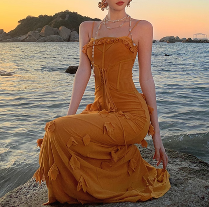 Marigold  Mermaid Spaghetti Strap 3D Flower Long Prom Dress ED01190