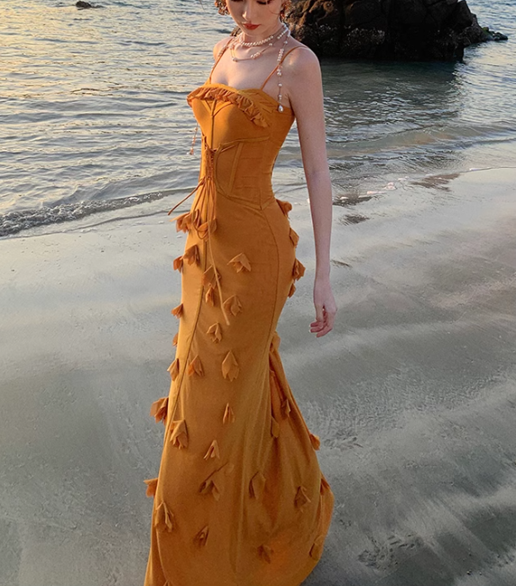 Mermaid Spaghetti Strap 3D Flower Long Prom Dress HZ1024