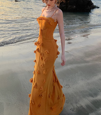 Marigold  Mermaid Spaghetti Strap 3D Flower Long Prom Dress ED01190