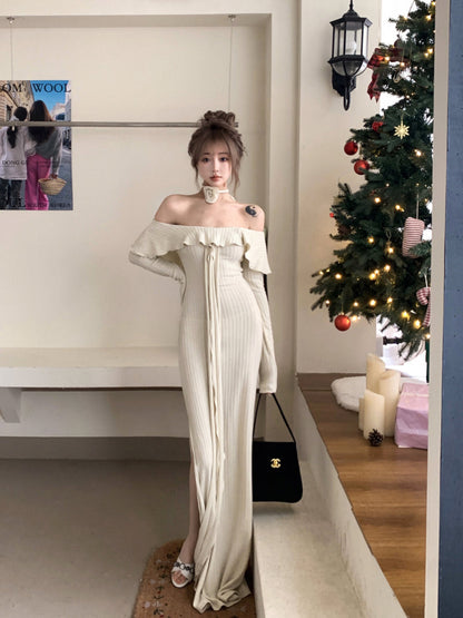 French off-the-shoulder long-sleeved dress ED01192