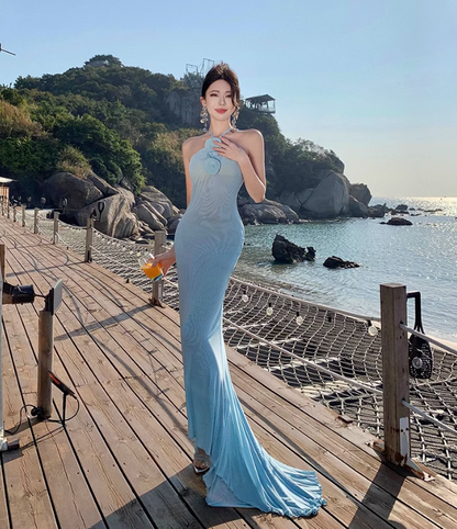 Blue Mermaid Halter Neck Long Prom dress Evening Dress HZ1024