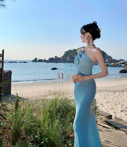 Light Blue Mermaid Halter Neck Long Prom dress Evening Dress ED01194