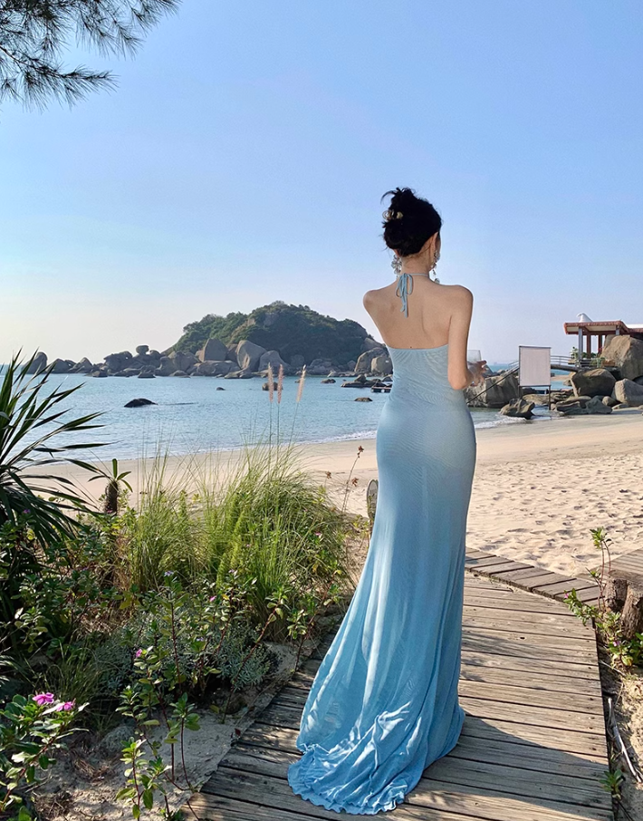 Light Blue Mermaid Halter Neck Long Prom dress Evening Dress ED01194