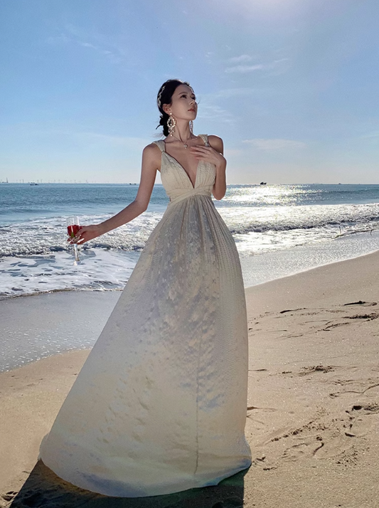 Apricot A-line halterneck long dress, backless beach dress ED01197