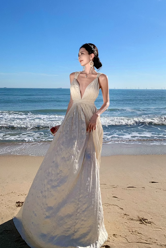 Apricot A-line halterneck long dress, backless beach dress ED01197