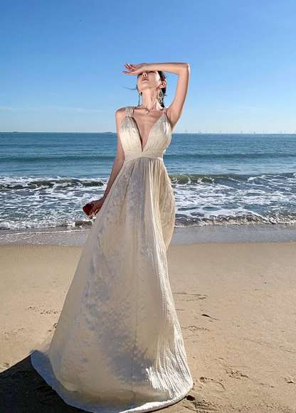 A-line halterneck long dress, backless beach dress HZ1024