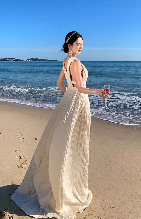 Apricot A-line halterneck long dress, backless beach dress ED01197