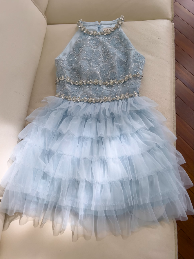 A-line beaded tulle short prom dress, blue homecoming dress HZ1024
