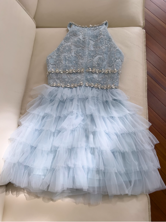 A-line beaded tulle short prom dress, blue homecoming dress HZ1024