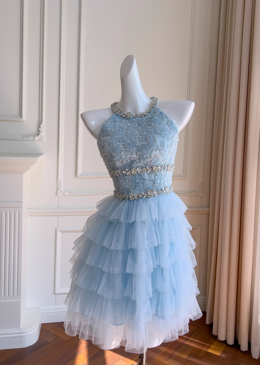 A-line beaded tulle short prom dress, blue homecoming dress HZ1024