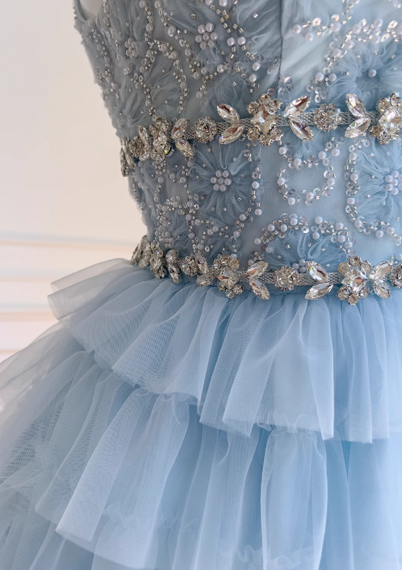 Blue A-line beaded  tulle short prom dress, blue homecoming dress ED01199