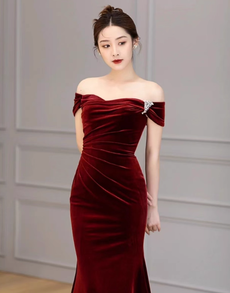 Mermaid Velvet Burgundy Long Prom Dress, Burgundy Long Formal Dress ED012