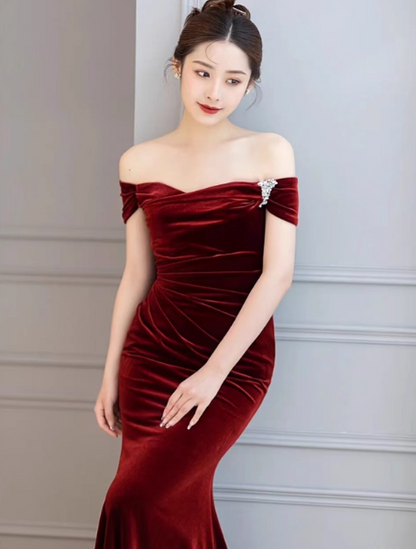 Mermaid Velvet Burgundy Long Prom Dress, Burgundy Long Formal Dress ED012